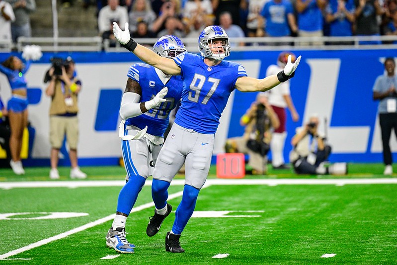Aidan Hutchinson and the Detroit Lions at Ford Field, Detroit, MI, September, 18th, 2022. Photo courtesy of All-Pro Reels/Flickr.