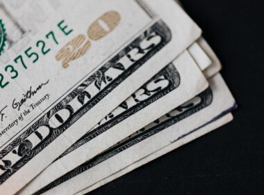 A closeup of U.S. twenty-dollar bills