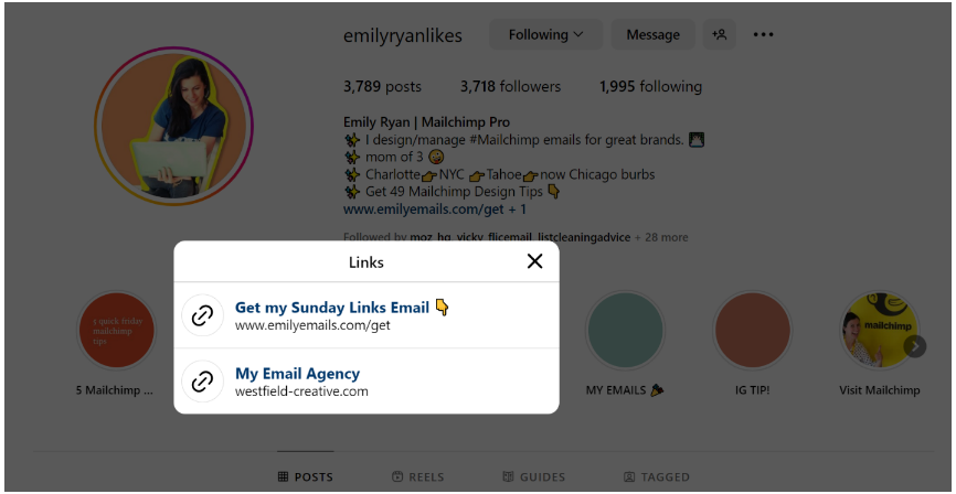 Emily Ryan, founder of Westfield Creative, promotes her signup link on Instagram.