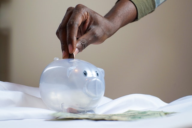 Person's handing putting money into a piggy bank