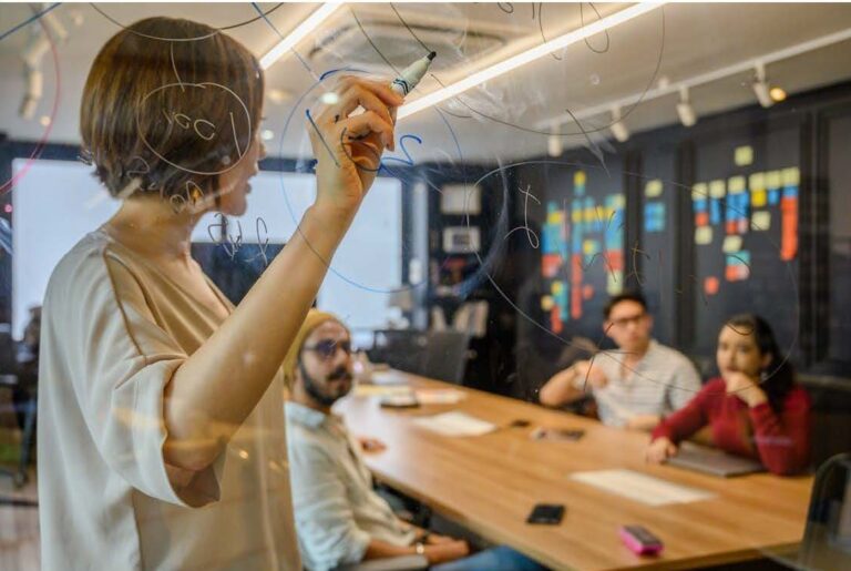 Woman standing at clear whiteboard brainstorming