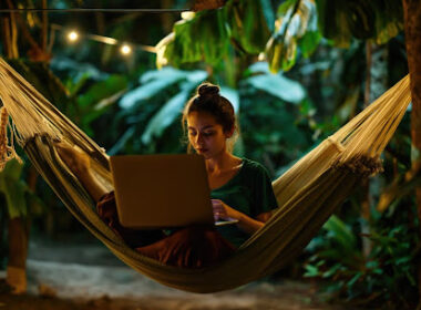 Woman working in a hammock as a digital nomad