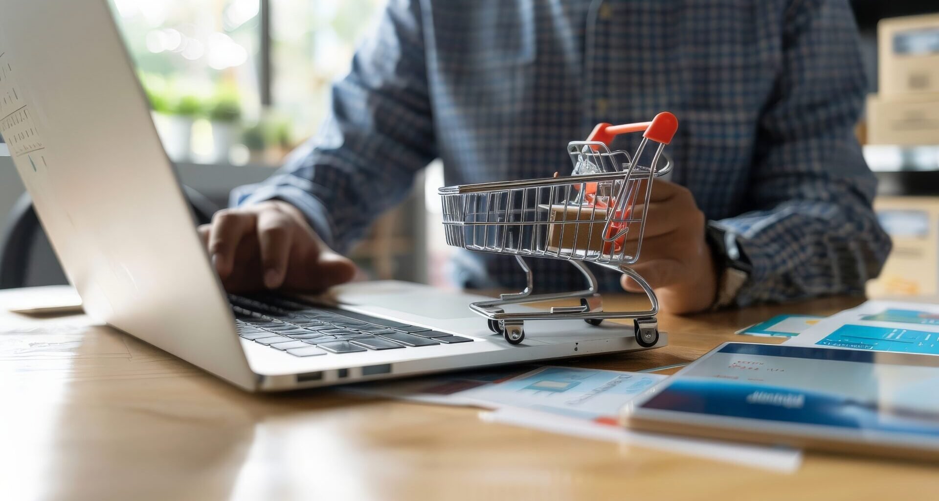 Person setting up an online store, uploading products on a laptop