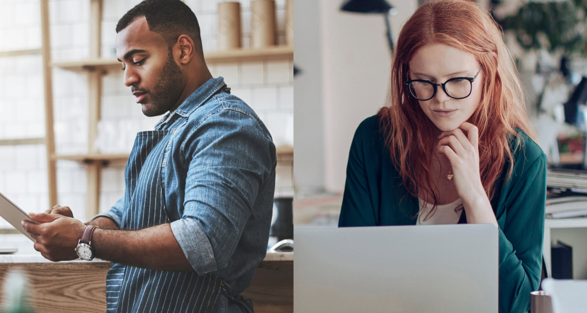 Side by side images of a man working at a store and a woman working at a laptop.