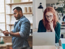 Side by side images of a man working at a store and a woman working at a laptop.