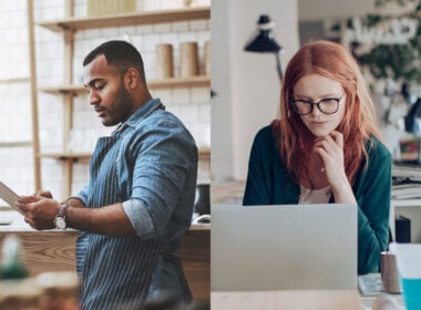 Side by side images of a man working at a store and a woman working at a laptop.