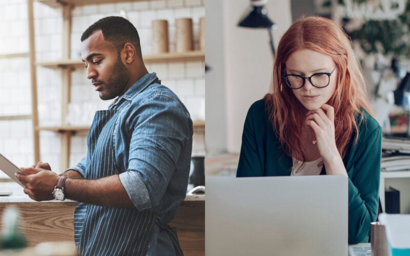 Side by side images of a man working at a store and a woman working at a laptop.