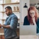 Side by side images of a man working at a store and a woman working at a laptop.